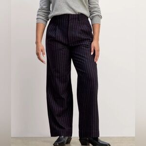 Navy blue Pinstripe wide leg wool pants by everlane. THE DRAPER PANT IN WOOL
